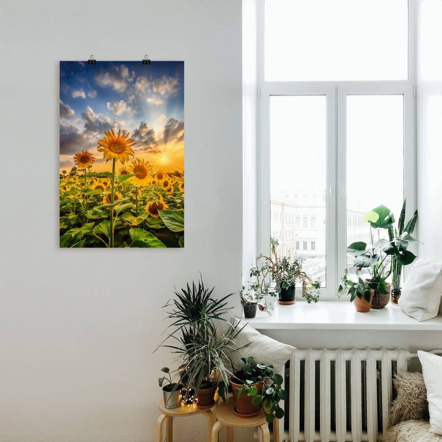 Artland Artprint Zonnebloemen in de zonsondergang als artprint op linnen poster in verschillende formaten maten