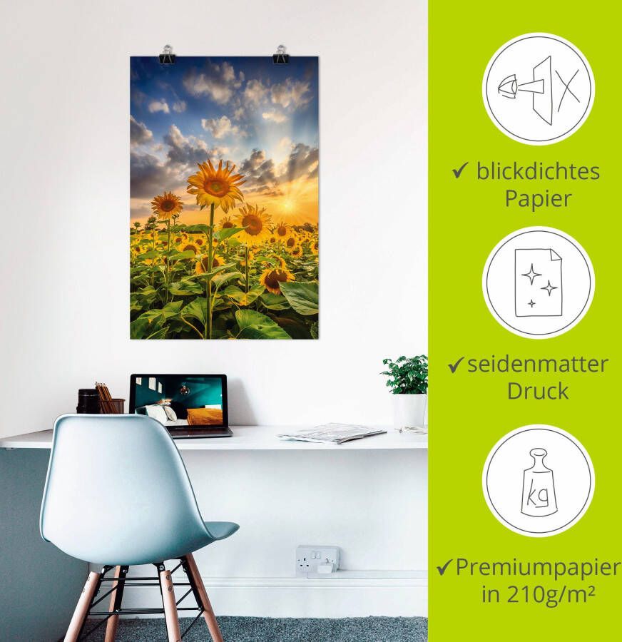 Artland Artprint Zonnebloemen in de zonsondergang als artprint op linnen poster in verschillende formaten maten