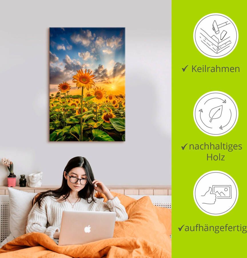 Artland Artprint Zonnebloemen in de zonsondergang als artprint op linnen poster in verschillende formaten maten