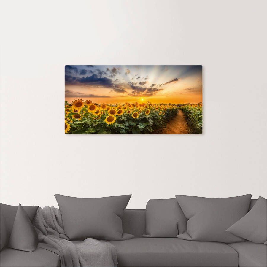 Artland Artprint Zonnebloemenveld bij zonsondergang als artprint van aluminium artprint voor buiten artprint op linnen poster in verschillende maten. maten