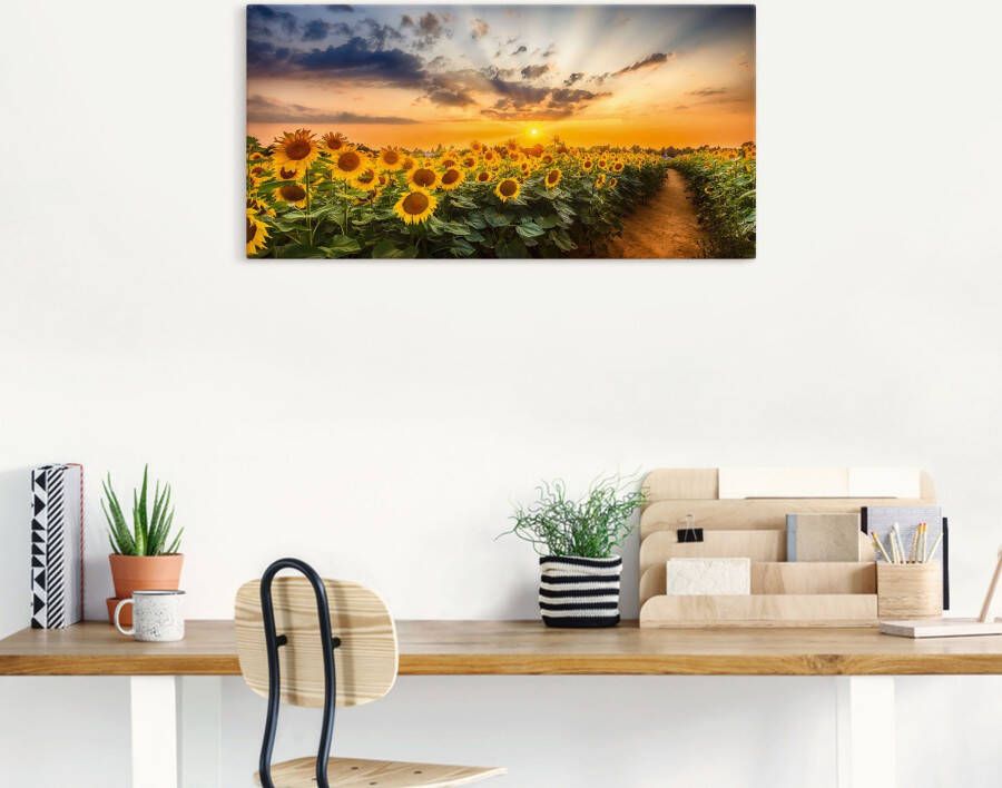 Artland Artprint Zonnebloemenveld bij zonsondergang als artprint van aluminium artprint voor buiten artprint op linnen poster in verschillende maten. maten