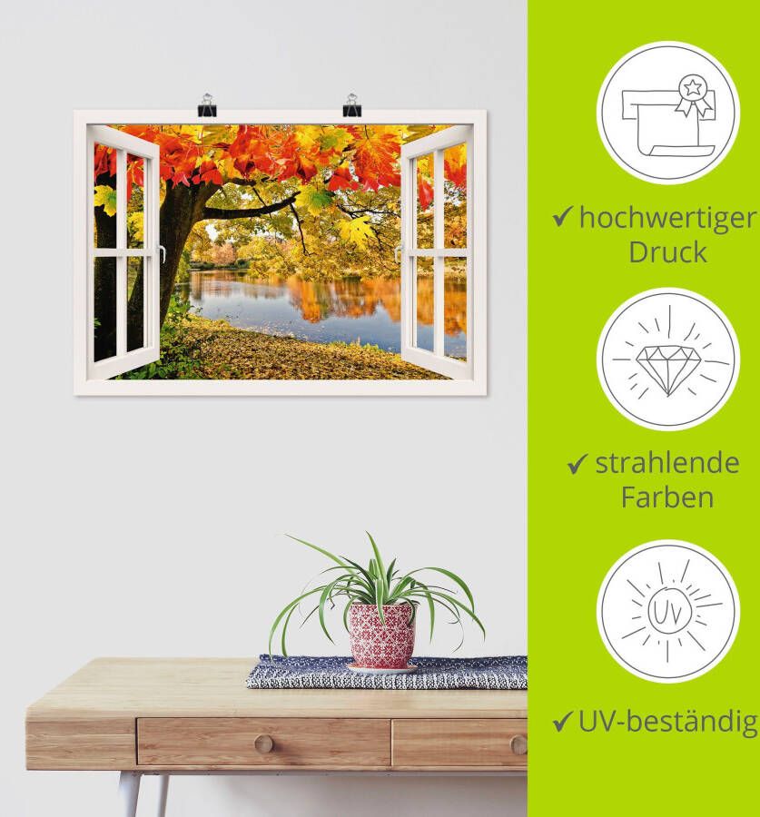 Artland Poster Blik uit het venster herfstdag aan een meer als artprint van aluminium artprint op linnen muursticker of poster in verschillende maten