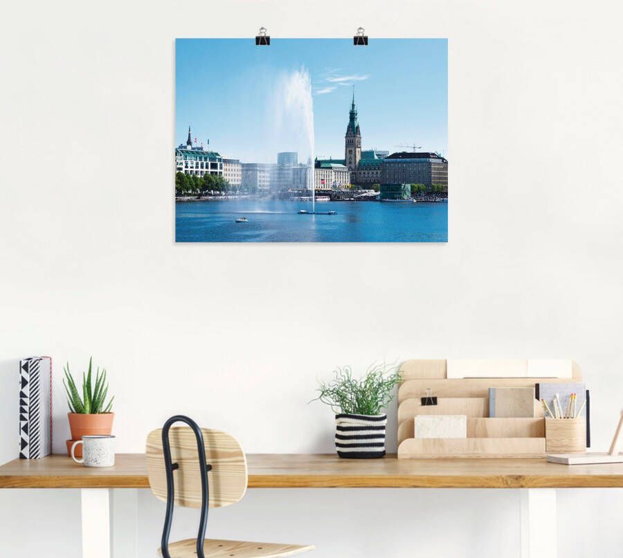 Artland Poster Hamburg Alsterfontein met stadhuis als artprint van aluminium artprint op linnen muursticker of poster in verschillende maten