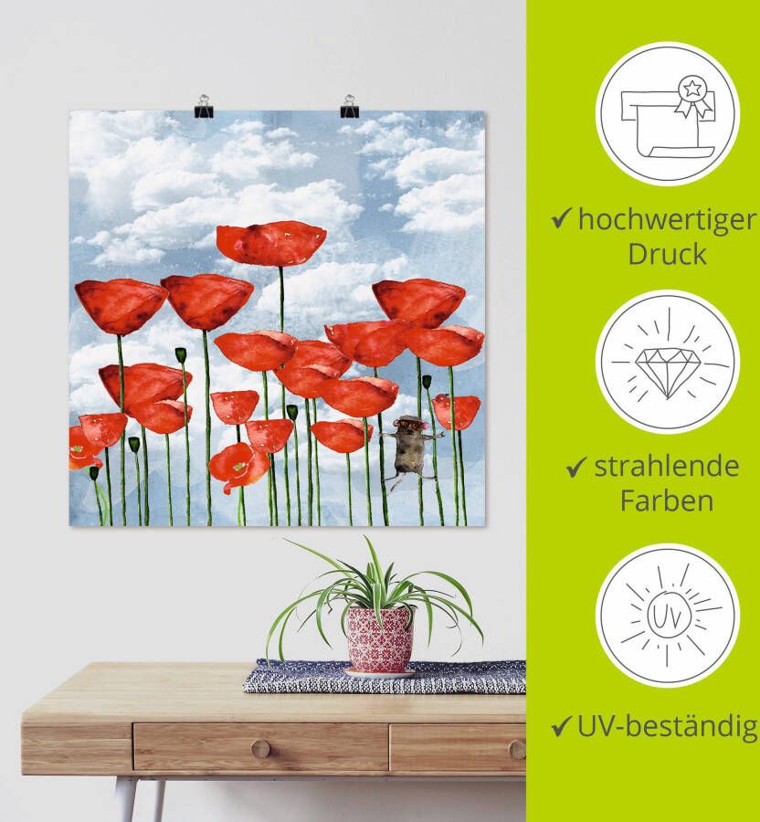 Artland Poster Muis in veld klaprozen op een bewolkte dag als artprint van aluminium artprint op linnen muursticker of poster in verschillende maten