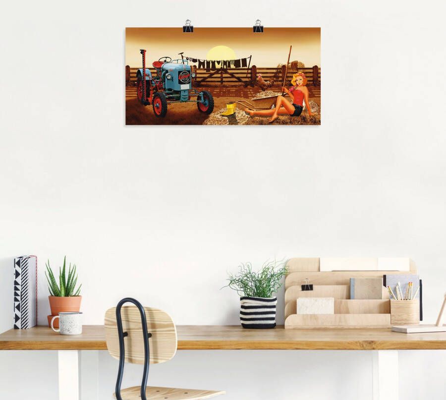 Artland Poster Pin-upgirl met tractor op boerderij als artprint van aluminium artprint op linnen muursticker of poster in verschillende maten