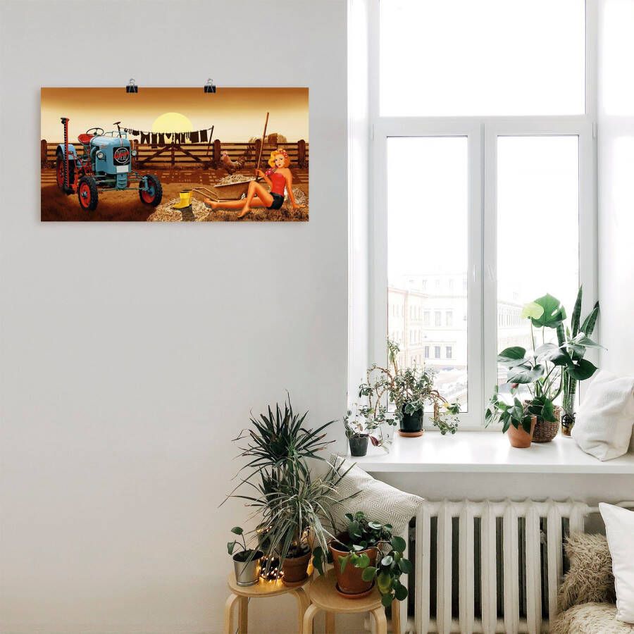 Artland Poster Pin-upgirl met tractor op boerderij als artprint van aluminium artprint op linnen muursticker of poster in verschillende maten