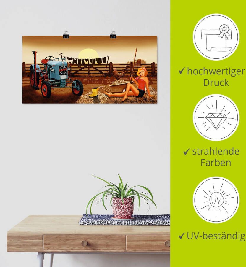 Artland Poster Pin-upgirl met tractor op boerderij als artprint van aluminium artprint op linnen muursticker of poster in verschillende maten