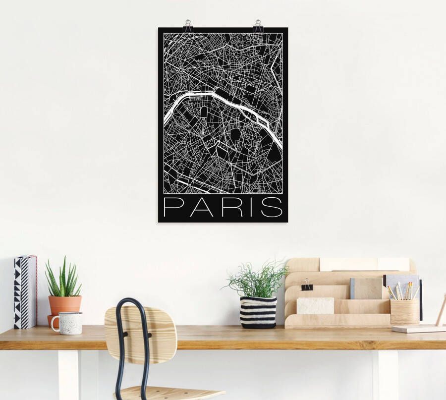 Artland Poster Retro kaart Parijs Frankrijk zwart als artprint van aluminium artprint op linnen muursticker of poster in verschillende maten