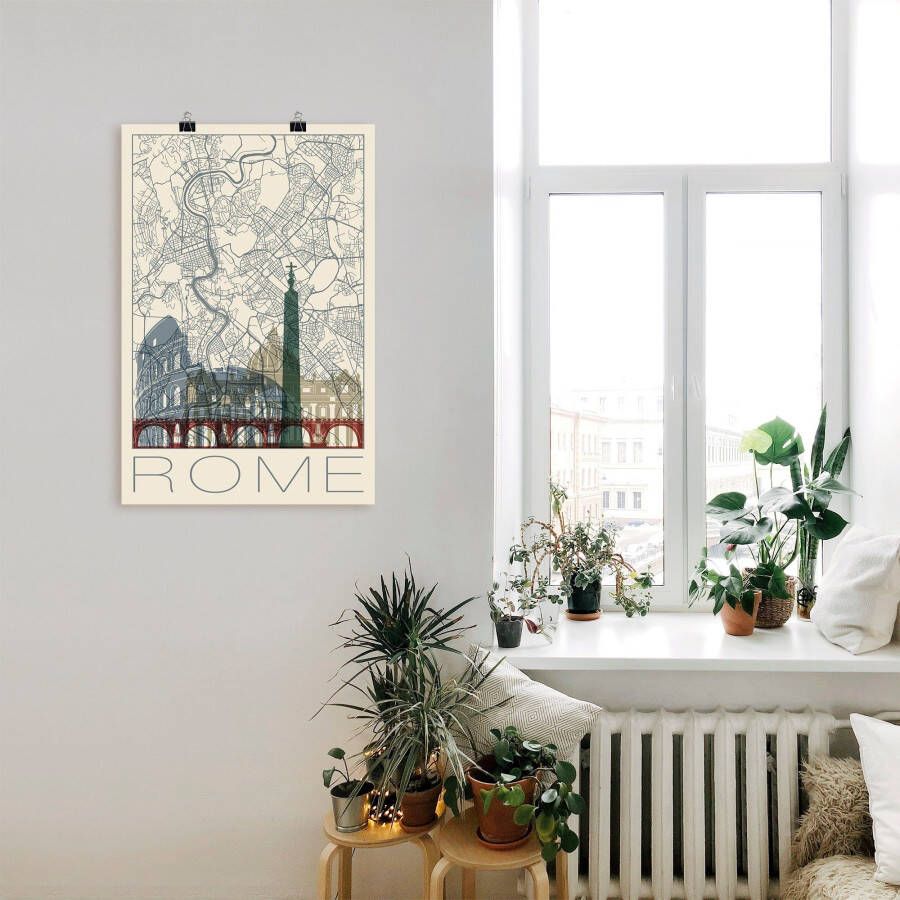 Artland Poster Retro kaart Rome Italië en skyline als artprint van aluminium artprint op linnen muursticker of poster in verschillende maten