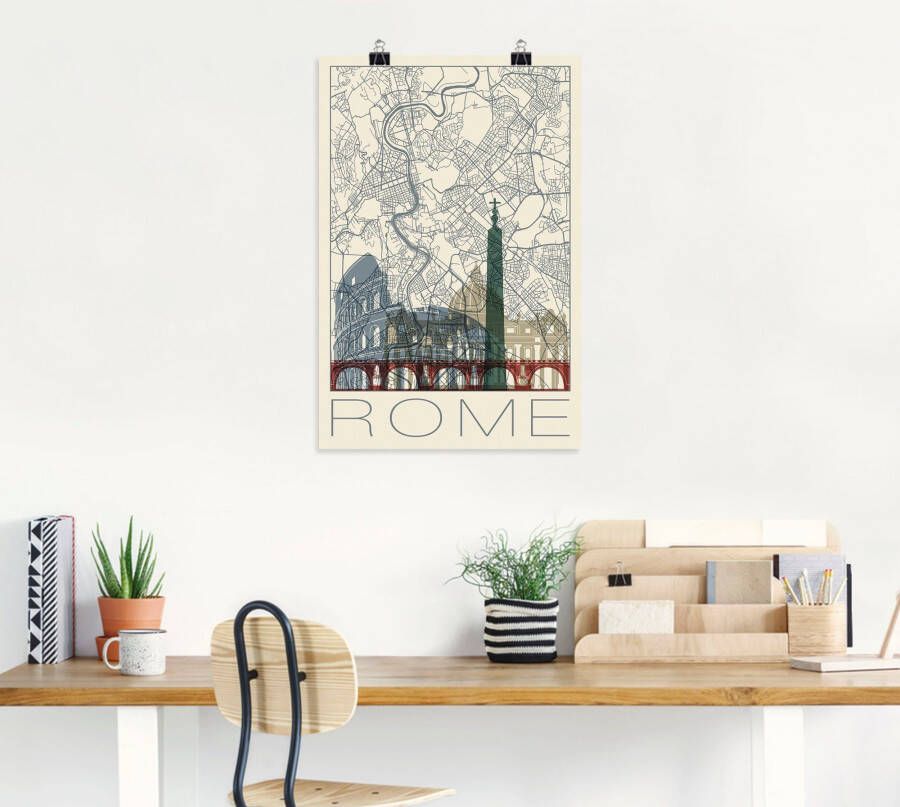 Artland Poster Retro kaart Rome Italië en skyline als artprint van aluminium artprint op linnen muursticker of poster in verschillende maten