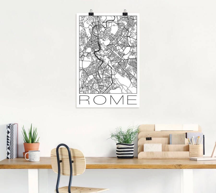 Artland Poster Retro kaart Rome Italië zwart & wit als artprint van aluminium artprint op linnen muursticker of poster in verschillende maten