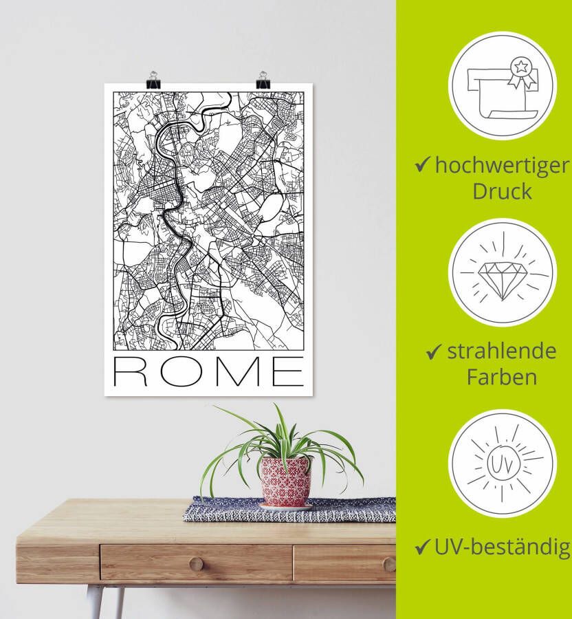 Artland Poster Retro kaart Rome Italië zwart & wit als artprint van aluminium artprint op linnen muursticker of poster in verschillende maten