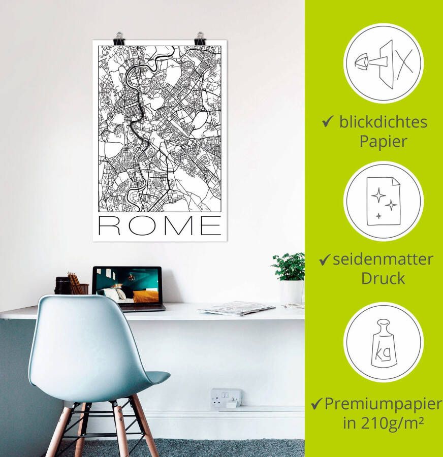 Artland Poster Retro kaart Rome Italië zwart & wit als artprint van aluminium artprint op linnen muursticker of poster in verschillende maten