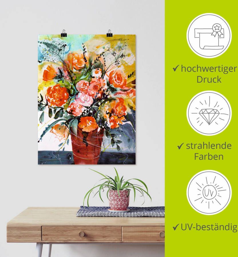 Artland Poster Rozen in bruine vaas als artprint van aluminium artprint op linnen muursticker of poster in verschillende maten