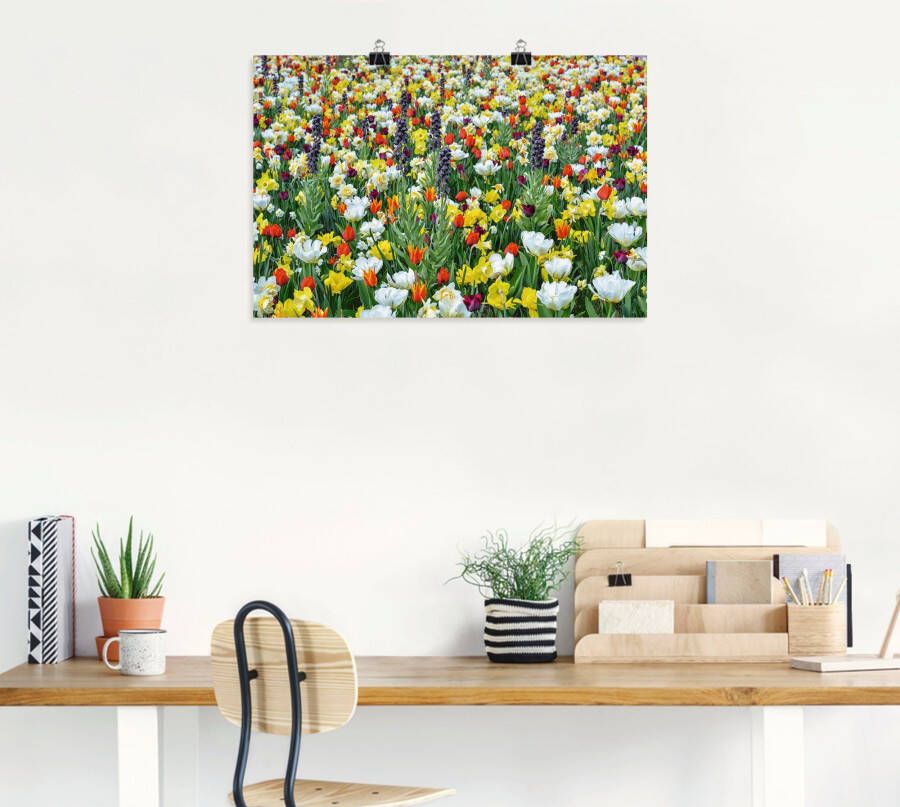 Artland Poster Veld van verschillende lentebloemen als artprint van aluminium artprint op linnen muursticker of poster in verschillende maten