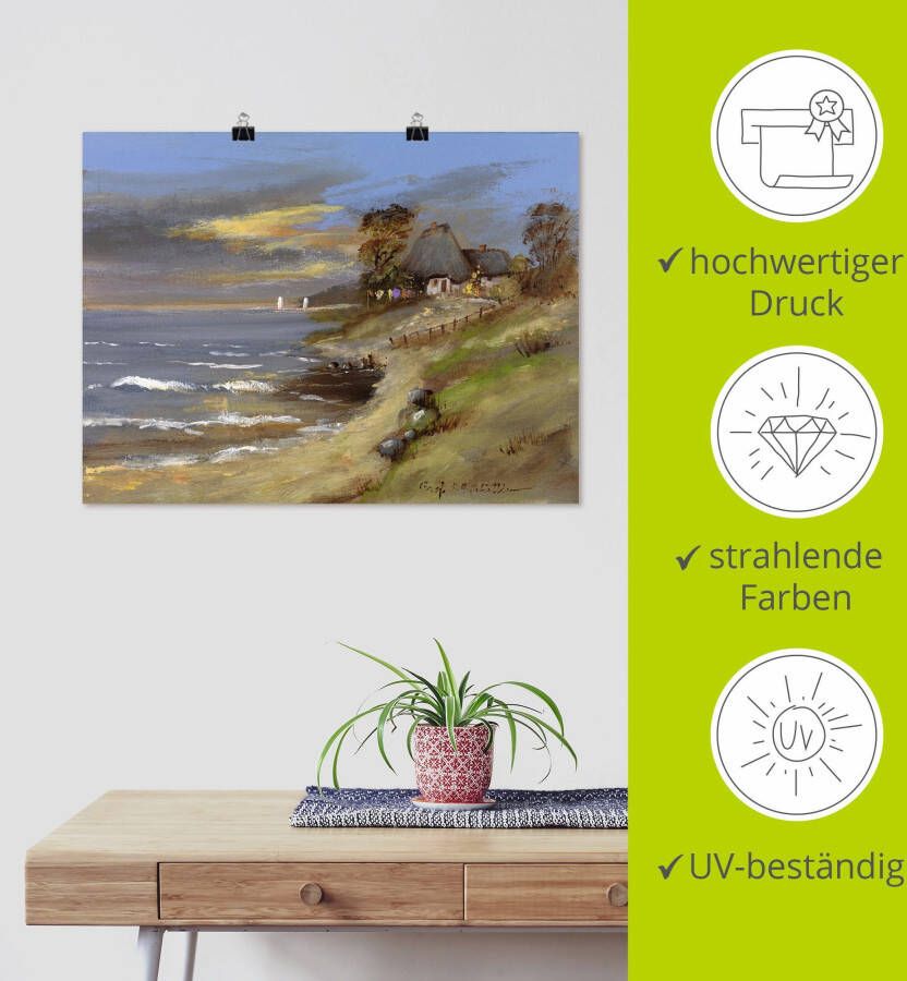 Artland Poster Wit huis met rieten dak aan de zee als artprint op linnen muursticker of poster in verschillende maten