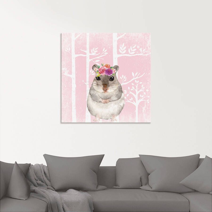 Artland Print op glas Hamster met bloemen in pink bos