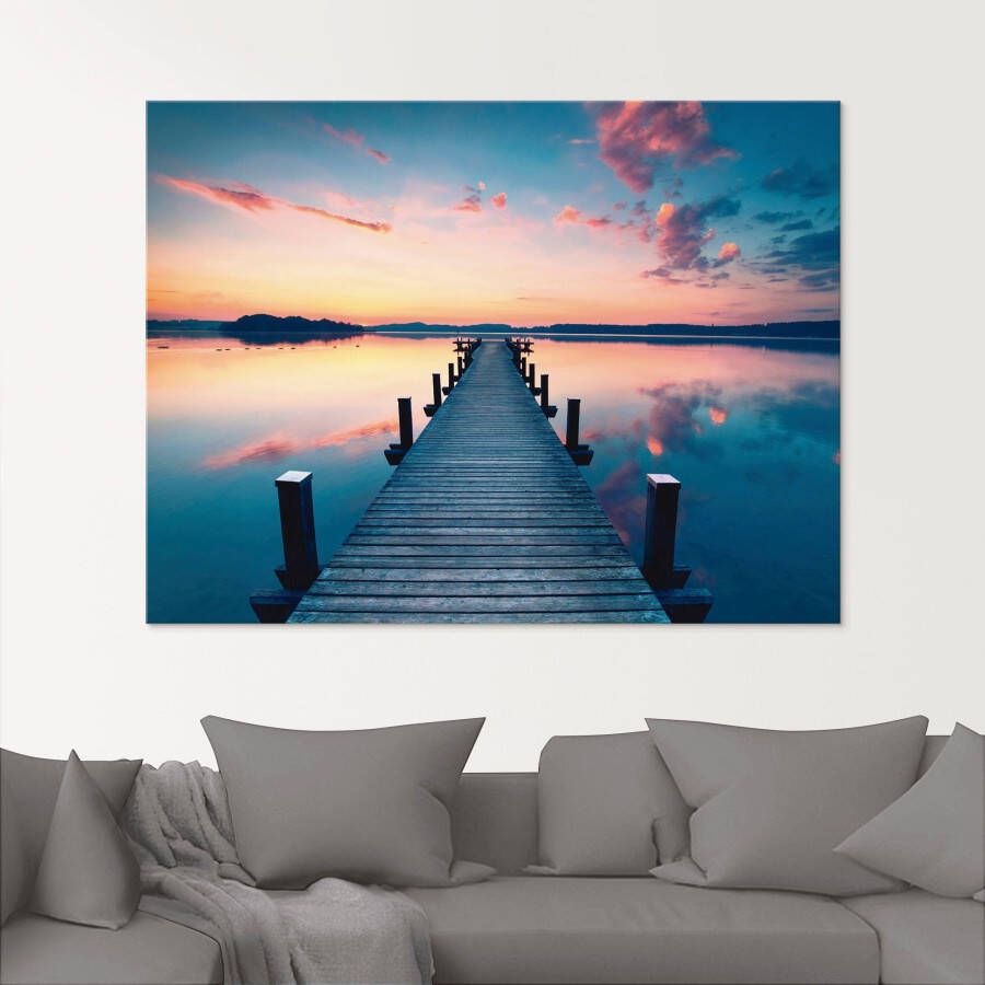 Artland Print op glas Lange pier aan het meer in zonsopkomst