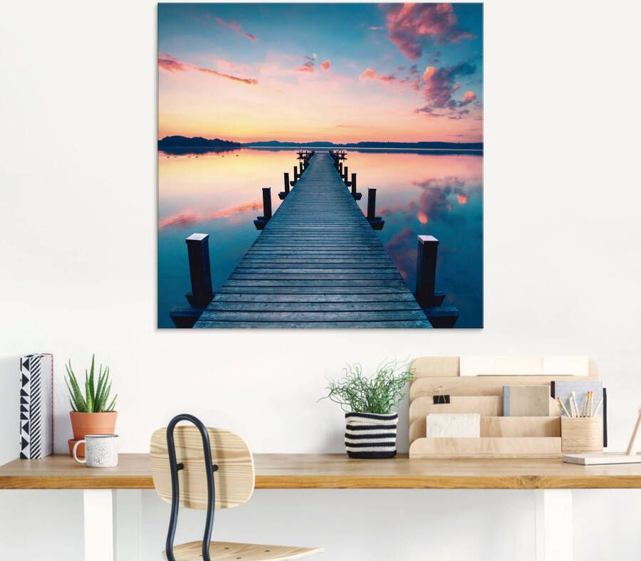 Artland Print op glas Lange pier aan het meer in zonsopkomst