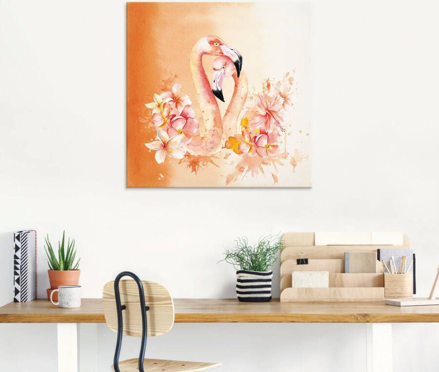 Artland Print op glas Oranje flamingo In Love- illustratie