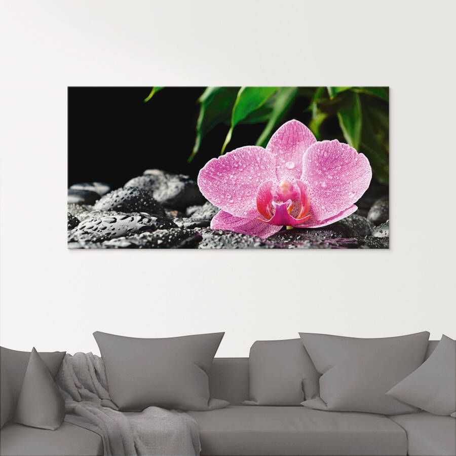 Artland Print op glas Roze orchidee op zwarte zen stenen