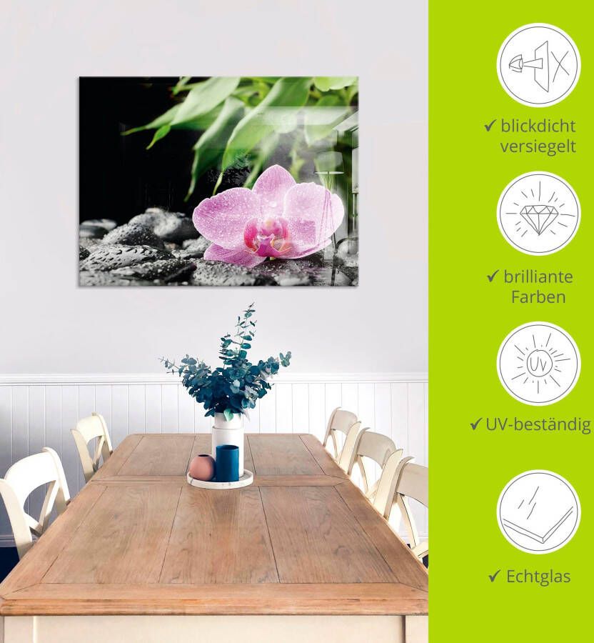 Artland Print op glas Roze orchidee op zwarte zen stenen