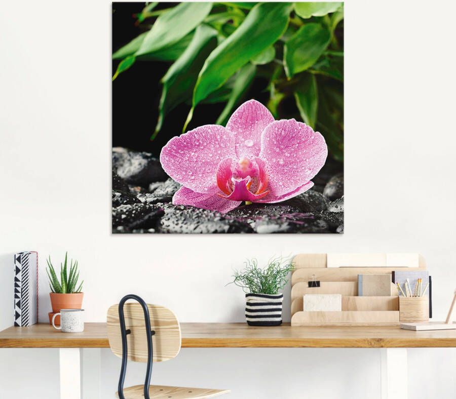 Artland Print op glas Roze orchidee op zwarte zen stenen