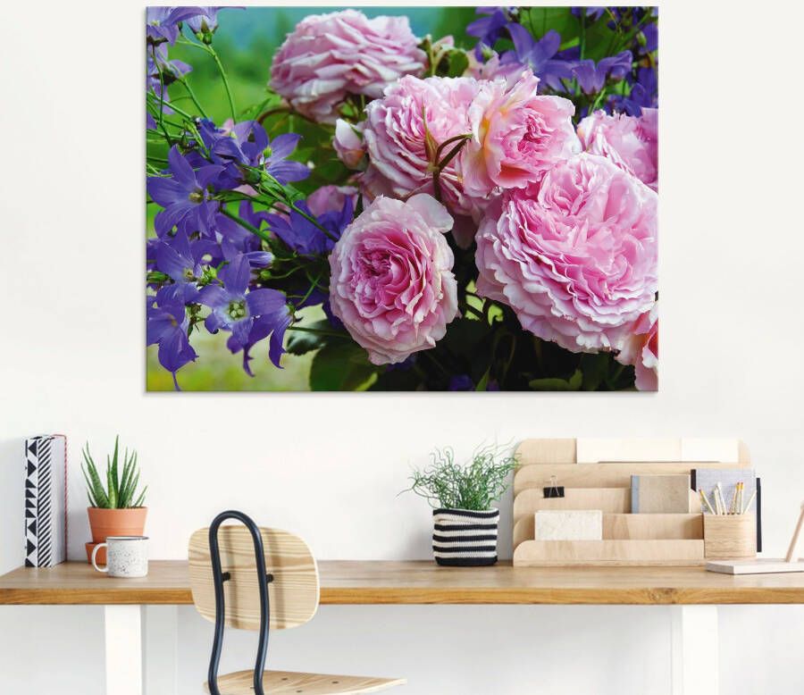 Artland Print op glas Rozen en blauwklokjes in verschillende maten