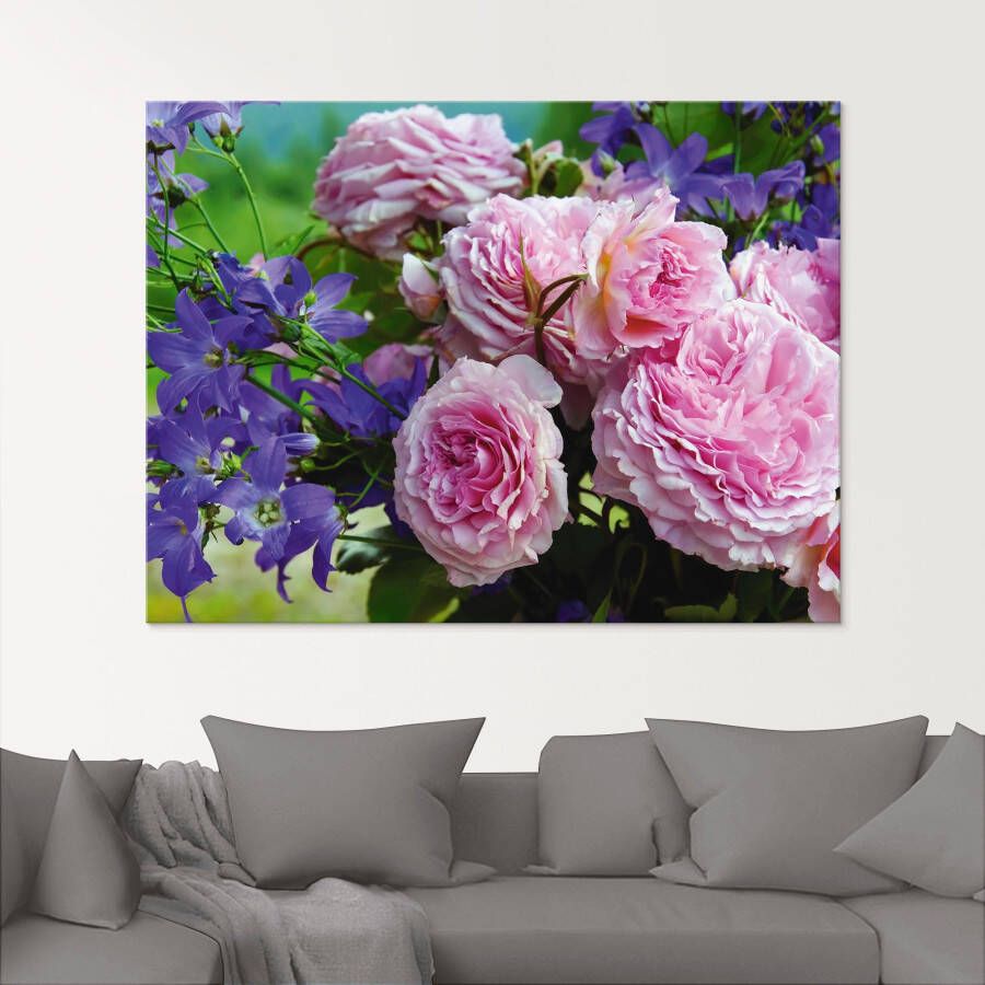 Artland Print op glas Rozen en blauwklokjes in verschillende maten