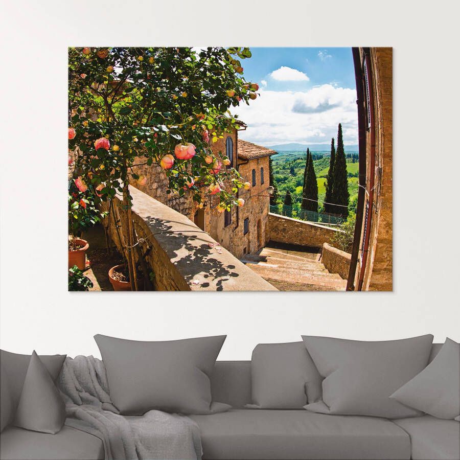 Artland Print op glas Rozen op balkon Toscaans landschap