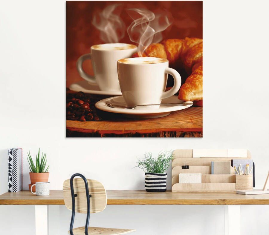 Artland Print op glas Stomende cappuccino en croissant