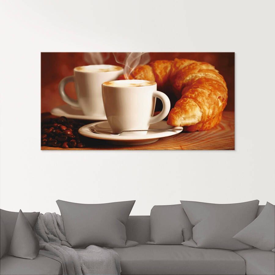 Artland Print op glas Stomende cappuccino en croissant