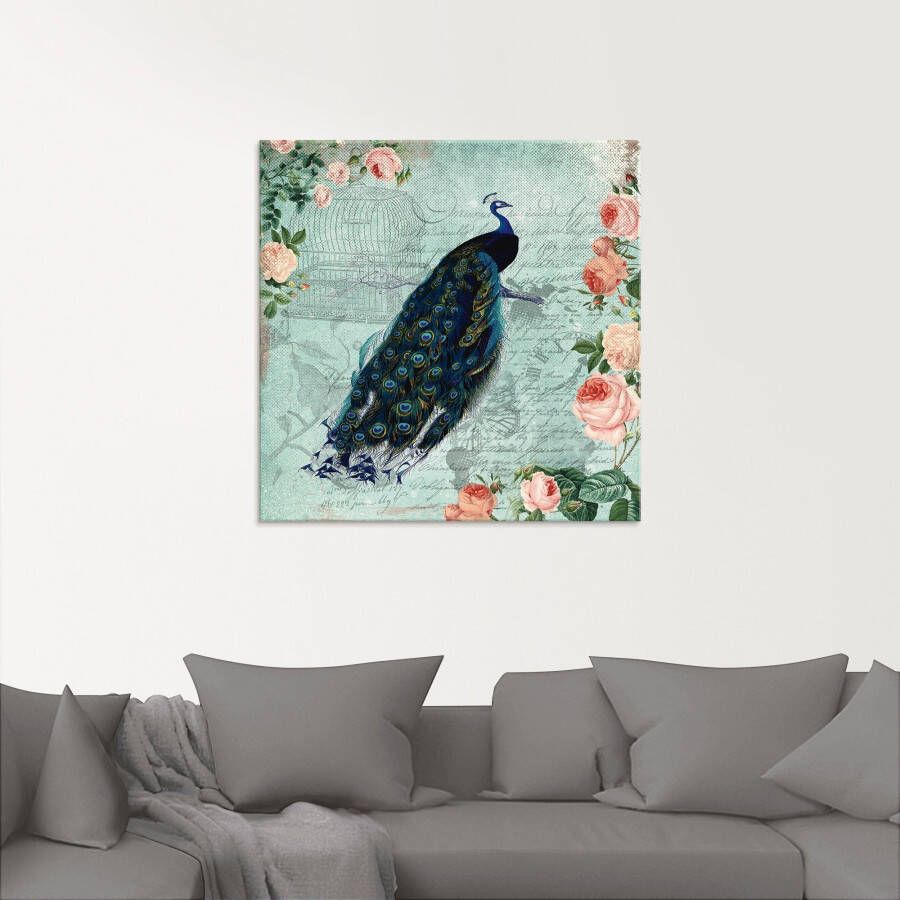 Artland Print op glas Vintage rozen en pauw illustratie