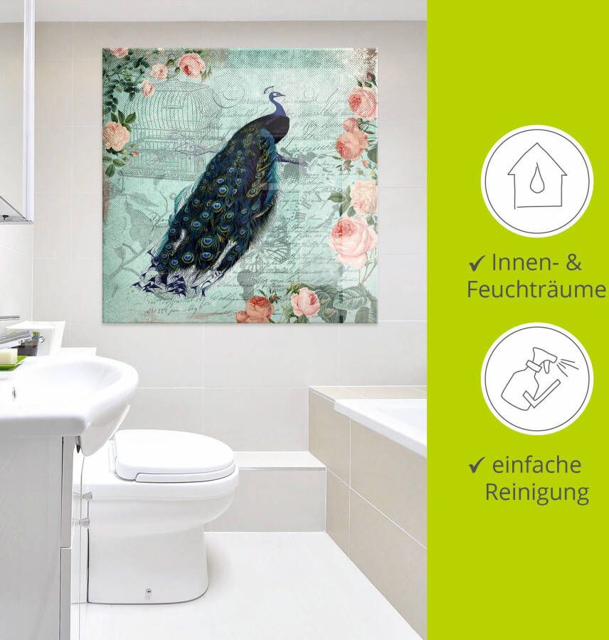 Artland Print op glas Vintage rozen en pauw illustratie