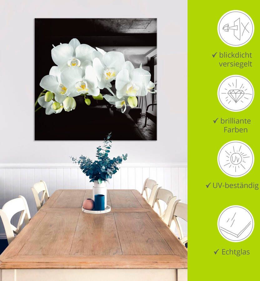 Artland Print op glas Witte orchidee op een zwarte achtergrond