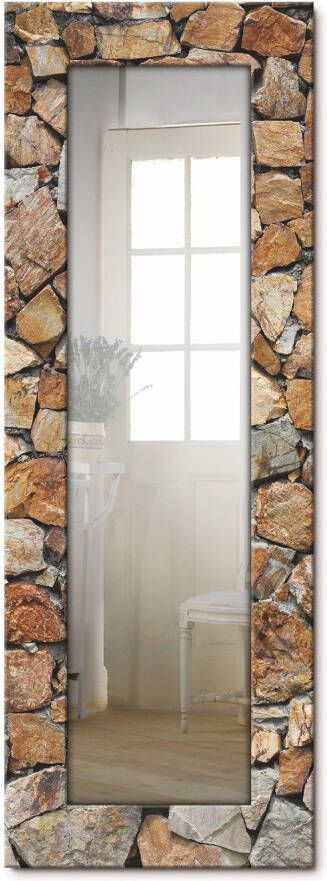 Artland Sierspiegel Bruine stenen muur spiegel met lijst voor het hele lichaam wandspiegel met motiefrand landhuis