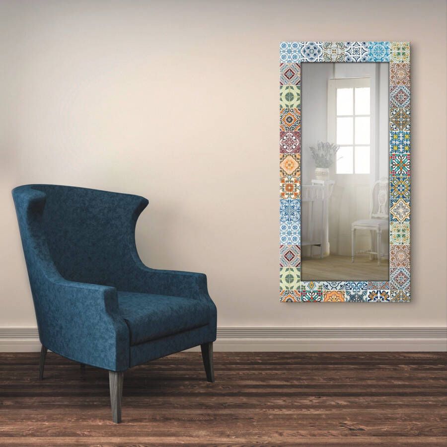 Artland Sierspiegel Gedessineerde keramische tegels spiegel met lijst voor het hele lichaam wandspiegel met motiefrand landhuis