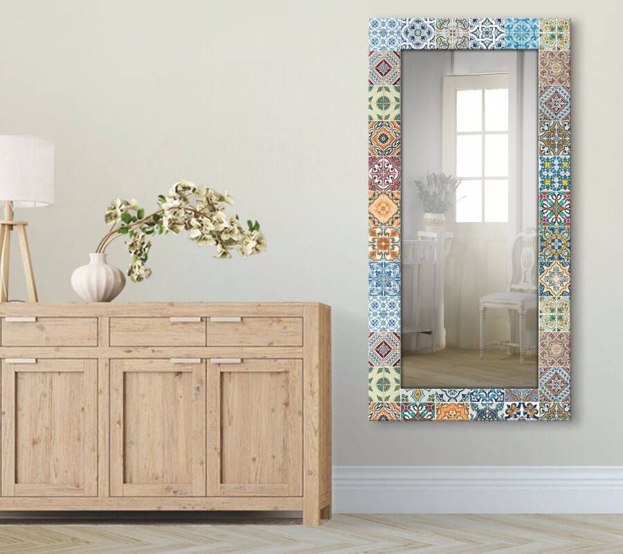 Artland Sierspiegel Gedessineerde keramische tegels spiegel met lijst voor het hele lichaam wandspiegel met motiefrand landhuis