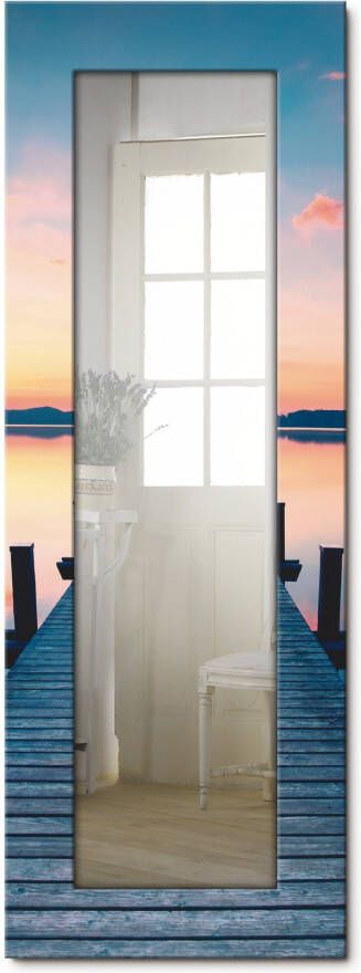 Artland Sierspiegel Lange pier aan het meer in zonsopkomst spiegel met lijst voor het hele lichaam wandspiegel met motiefrand landhuis