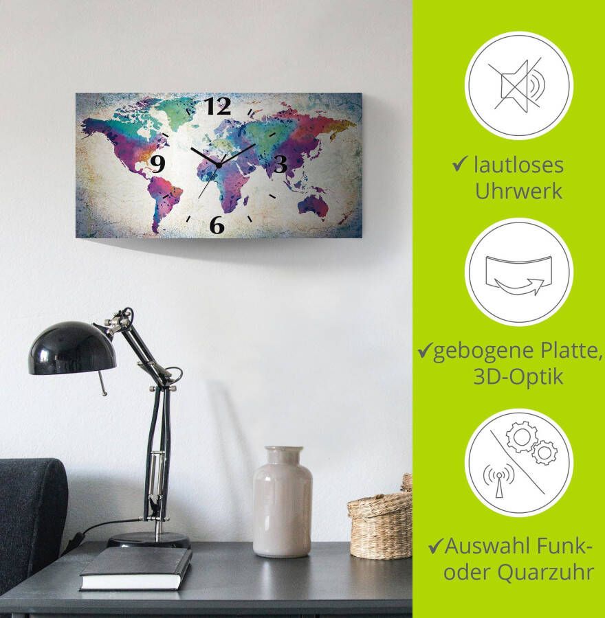 Artland Wandklok Veelkleurige wereldkaart 3d-look geschulpt met kwarts- of radiografisch uurwerk verschillende maten