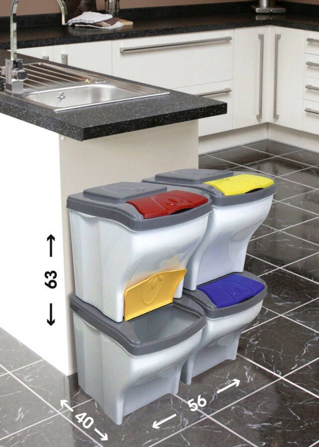 Bischof Bama Afvalscheidsysteem Funny 4-delig kunststof afneembare deksel elk 20 l (4 stuks)