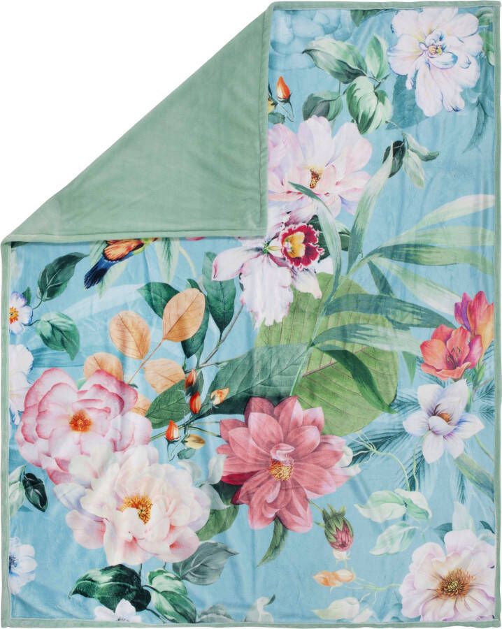 Descanso Plaid Fungi Zeer zacht knuffeldeken 130x160 cm omkeerbaar bloemen groen turquoise