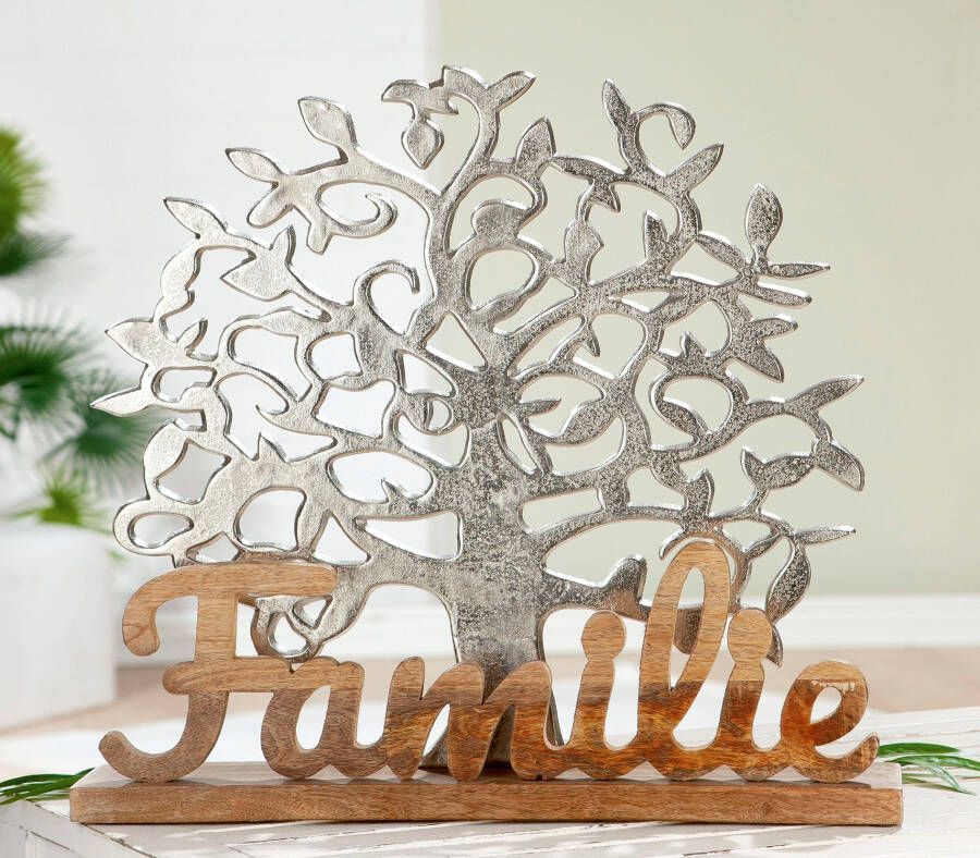 GILDE Decoratief figuur Levensboom familie naturel zilver Decoratief object hoogte 51 cm met een opschrift van metaal & hout woonkamer (1 stuk)