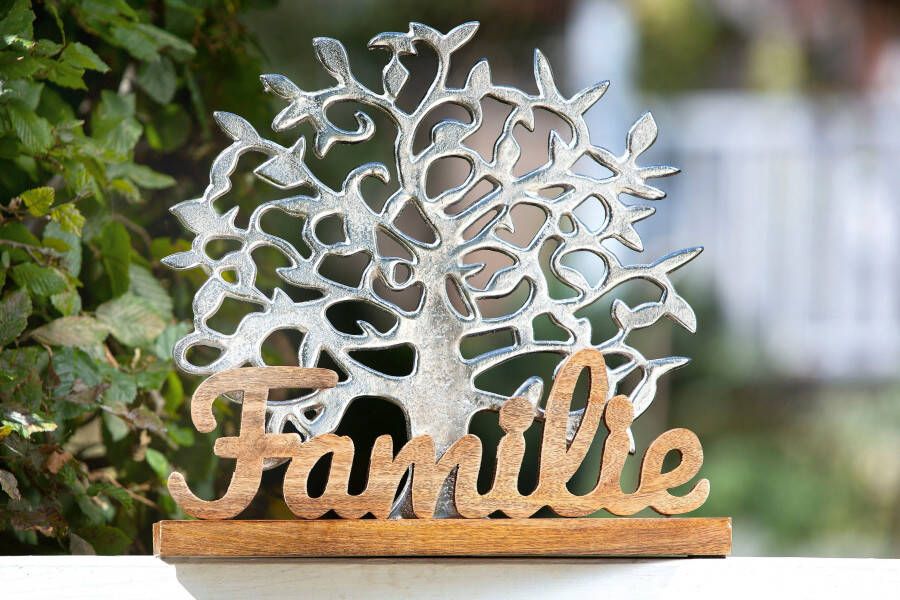 GILDE Decoratief figuur Levensboom familie zilver Decoratief object hoogte 41 cm met een opschrift van metaal & hout woonkamer (1 stuk)