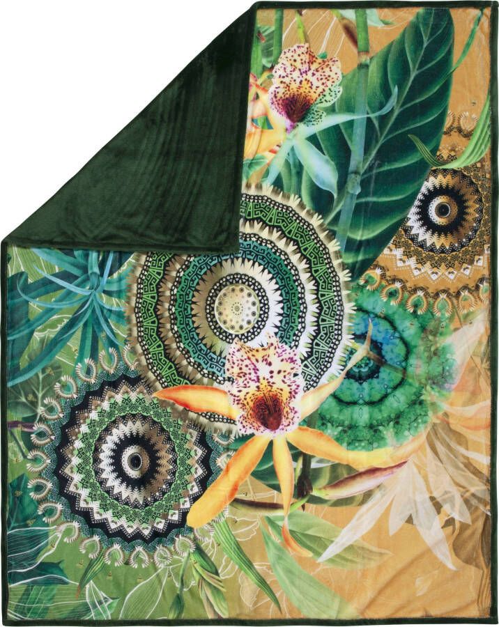 hip Plaid Yissa Zeer zacht knuffeldeken 130x160 cm omkeerbaar mandala oker groen