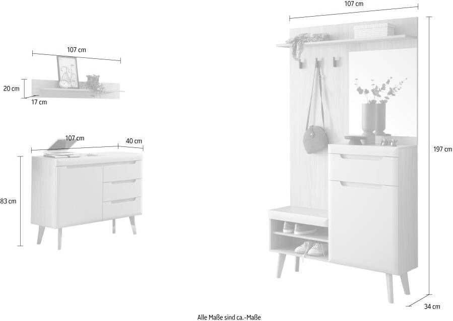 Home affaire Halmeubelset Torge kapstok met opbergruimte garderobekast in Scandic design (set 3-delig)