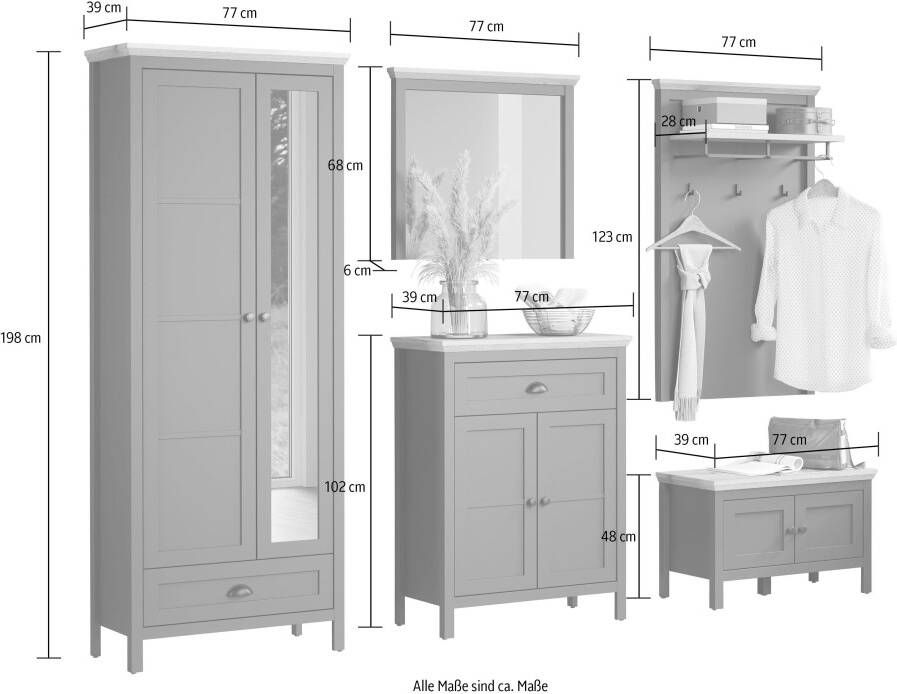 Home affaire Halmeubelset Vienna incl. kast ladekast schoenenbank spiegel en kapstokpaneel (5-delig)