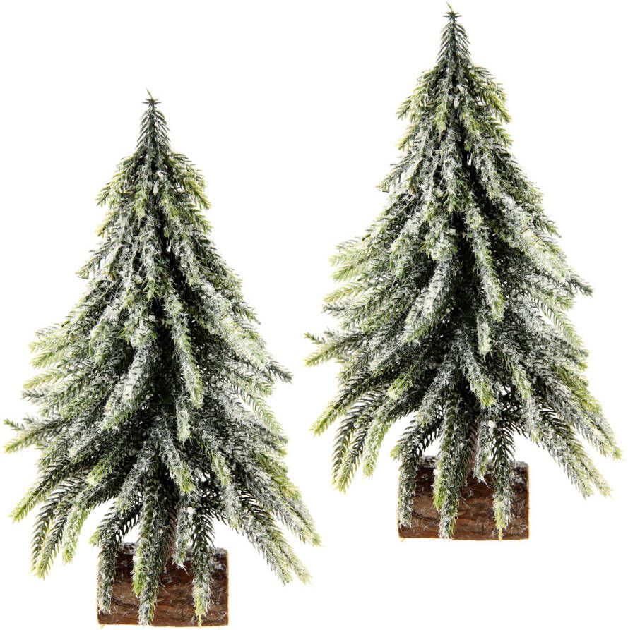 I.GE.A. Deco-boom Kerstdecoratie kerstboom Kunstmatige mini spar met ijs op houten sokkel 25 cm (set 2 stuks)