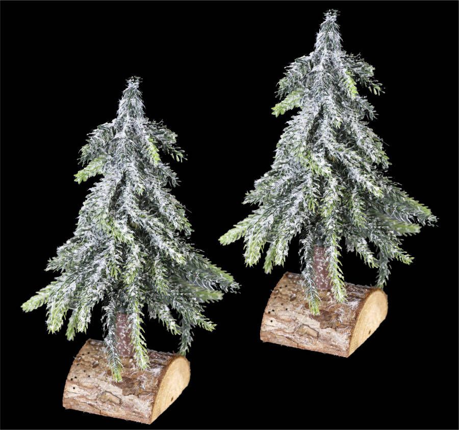 I.GE.A. Deco-boom Kerstdecoratie kerstboom Kunstmatige mini spar met ijs op houten sokkel 25 cm (set 2 stuks)