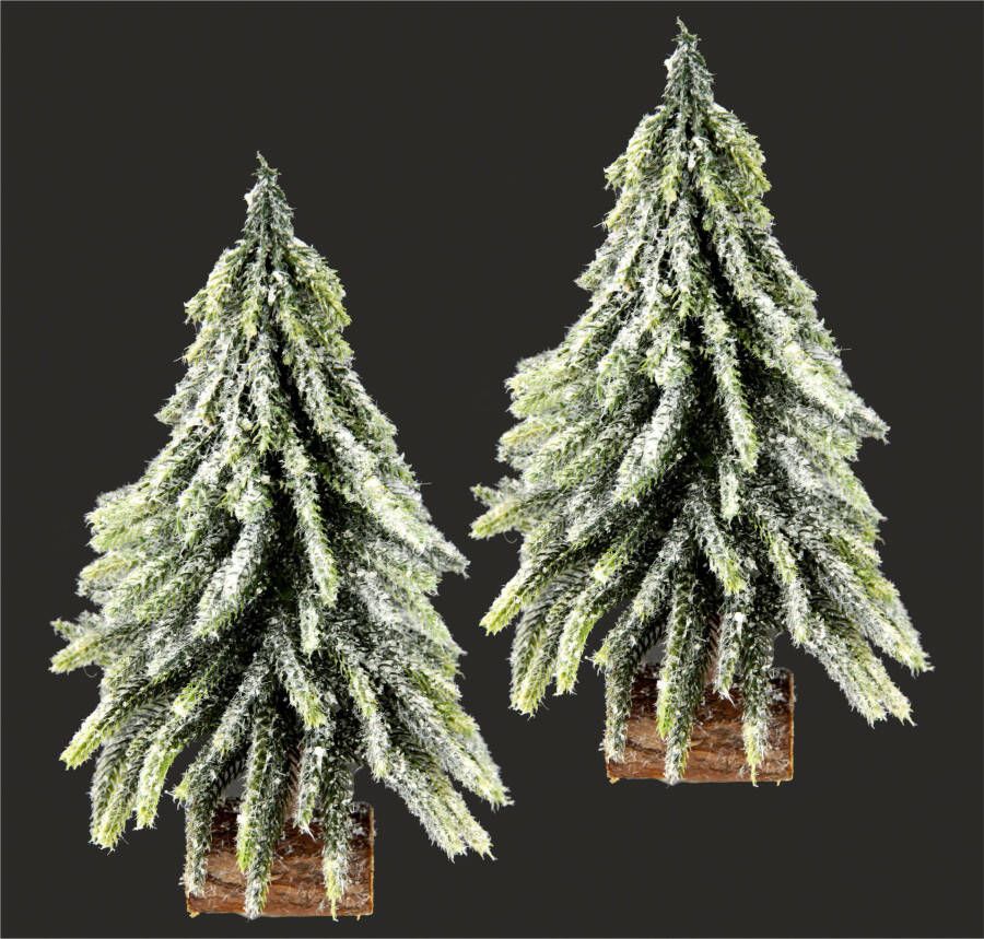 I.GE.A. Deco-boom Kerstdecoratie kerstboom Kunstmatige mini spar met ijs op houten sokkel 25 cm (set 2 stuks)